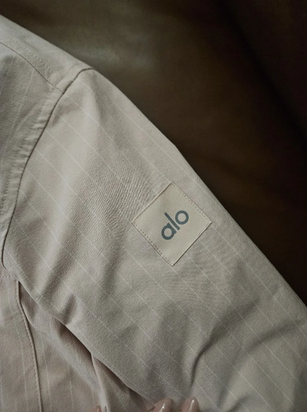 Alo Yoga Pinstripe Daylight Button Down in Pink Quartz Medium